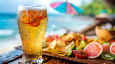 A glass of a beer sitting on top of some chips and fruit, AIの素材