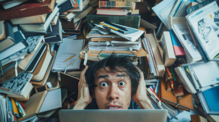 A man with his head in the air and a laptop on top of him, AIの素材