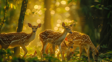 A group of small deer standing in the woods near a tree, AIの素材
