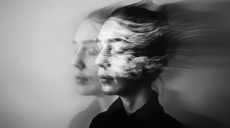 A woman with her eyes closed and hair blowing in the wind, AIの素材