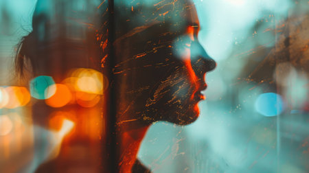 A womans face is shown in a blurred image of lights, AIの素材
