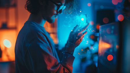 A man with glasses holding a glowing object in his hand, AIの素材