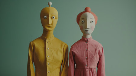 Two dolls are standing next to each other with one dressed in pink and the other yellow, AIの素材