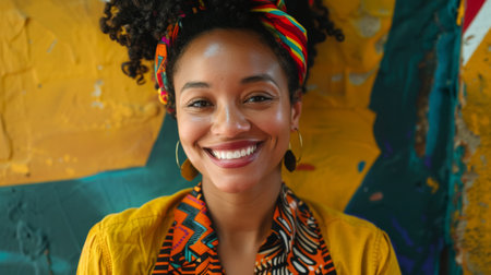 A woman with a colorful scarf and earrings smiling, AIの素材