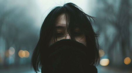 A woman with a scarf covering her face and hair, AIの素材