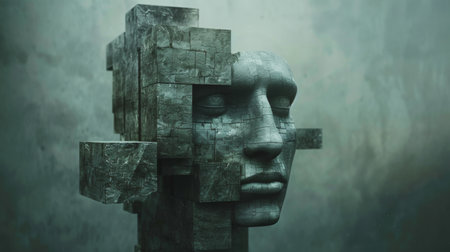 A sculpture of a man made out of blocks with his face in the middle, AIの素材
