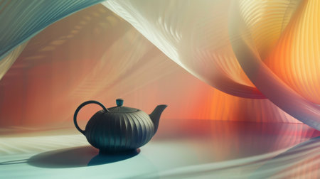 A black teapot sitting on a table in front of some colorful fabric, AIの素材
