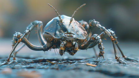 A close up of a bug with metal legs and antennae, AIの素材
