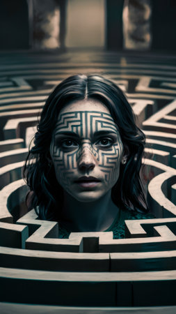 A woman with a maze on her face in front of the camera, AIの素材