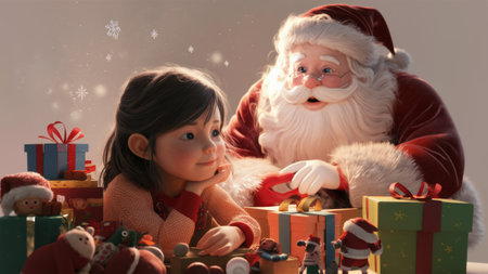 A santa claus is sitting next to a little girl with presents, AIの素材