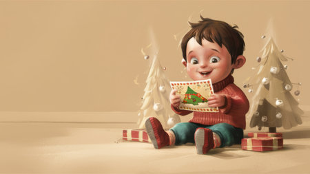 A little boy sitting on the floor holding a card, AIの素材