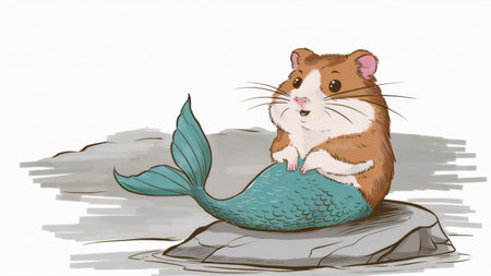A cartoon hamster mermaid sitting on top of a rock with its tail in the air, AIの素材
