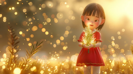 A little girl holding a christmas tree in the middle of grass, AIの素材