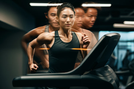 A woman running on a treadmill in front of two other women, AIの素材