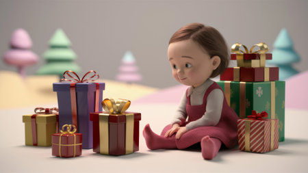 A little girl sitting on a floor with presents around her, AIの素材