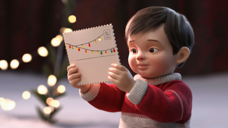 A young boy holding a letter with christmas lights on it, AIの素材