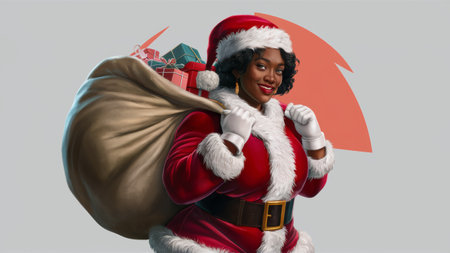A woman in a santa suit holding gifts and wearing red lipstick, AIの素材