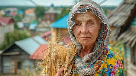 A woman in a colorful scarf holding some wheat, AIの素材