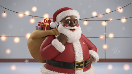 A cartoon santa claus holding a bag of presents under lights, AIの素材