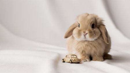 A small rabbit sitting next to a toy car on white cloth, AIの素材