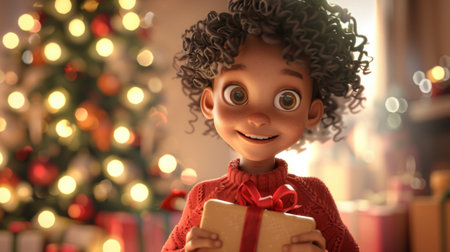 A cartoon girl holding a gift box in front of christmas tree, AIの素材