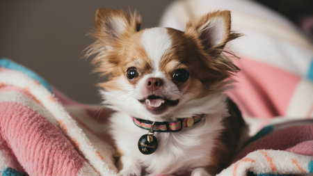 A small dog sitting on a blanket with its mouth open, AIの素材