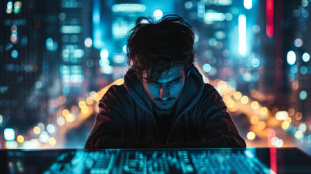A man sitting in front of a computer screen with city lights behind him, AIの素材
