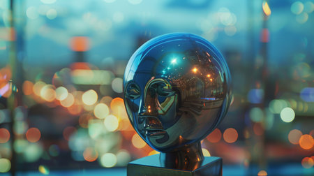 A close up of a metal head with city lights in the background, AIの素材