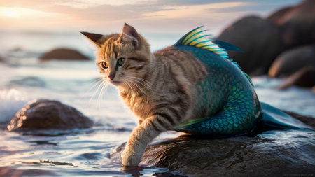 A cat sitting on top of a rock with its tail in the water, AIの素材