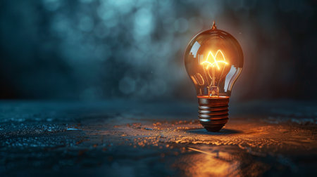 A light bulb with a glowing arrow inside of it on the floor, AIの素材