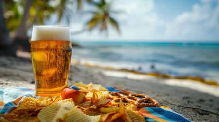 A glass of beer and chips on a beach with the ocean in background, AIの素材