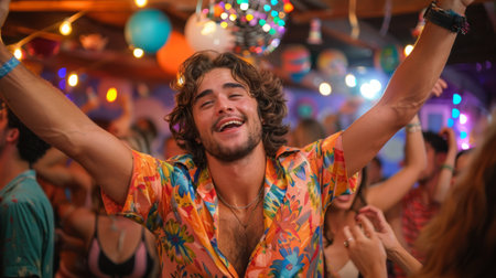 A man in a colorful shirt dancing at an event, AIの素材