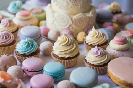 A table topped with a variety of cupcakes and pastries, AIの素材