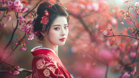 A woman in a red dress with flowers on her head, AIの素材
