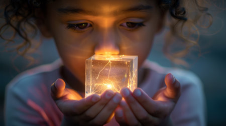 A young girl holding a small square box with light inside, AIの素材