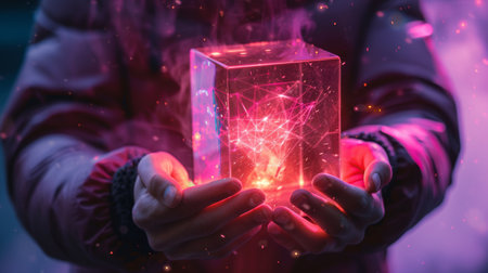 A person holding a box with glowing lights inside of it, AIの素材