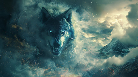 A wolf with blue eyes is in the clouds and mountains, AIの素材
