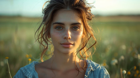 A woman with a blue shirt standing in the middle of some flowers, AIの素材