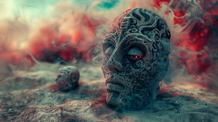 A stone head with red eyes in a desert landscape, AIの素材