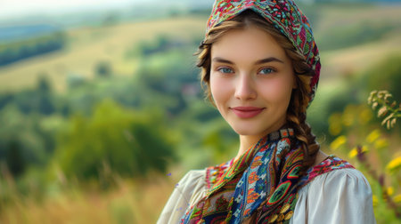 A woman in a colorful scarf and headband posing for the camera, AIの素材