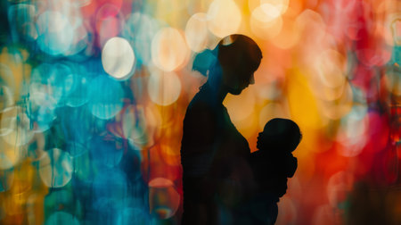 A woman holding a baby in front of colorful lights, AIの素材