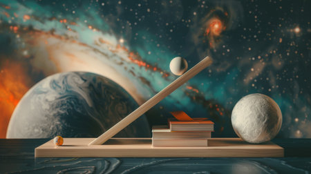 A balance scale with books and a planet in the background, AIの素材