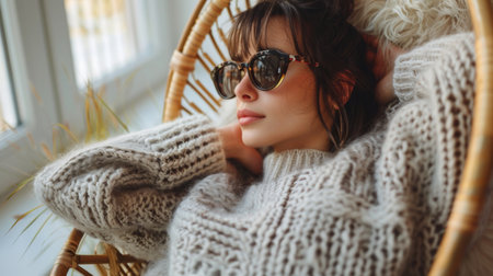 A woman in a sweater and sunglasses laying on her back, AIの素材