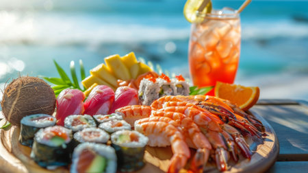 A plate of sushi and other seafood on a wooden table, AIの素材
