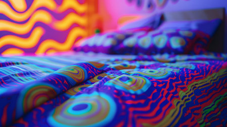 A bed with colorful sheets and pillows in a bedroom, AIの素材