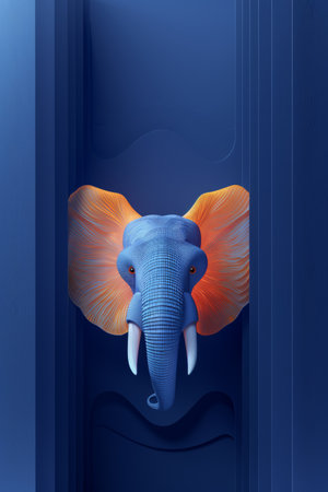 A blue elephant head with orange and yellow tusks on a wall, AIの素材