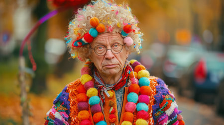 A man wearing a colorful wig and glasses with multicolored beads, AIの素材