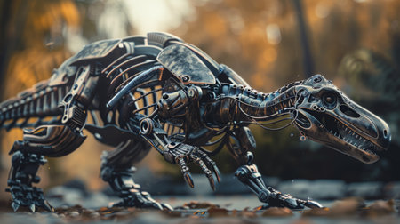 A metal dinosaur is standing on a leaf covered ground, AIの素材