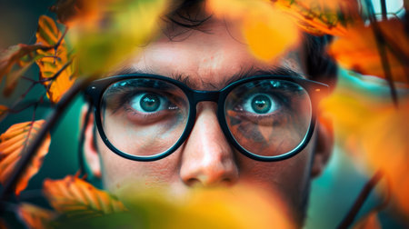 A close up of a man with glasses looking through leaves, AIの素材