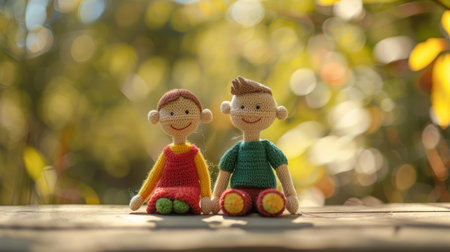 Two small knitted dolls sitting on a wooden table, AIの素材